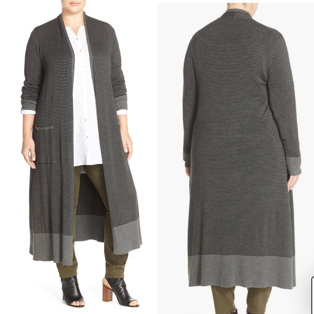 Eileen Fisher Stripe Long Duster Cardigan Grey Petite Medium